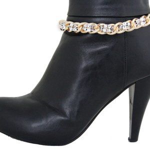 Women Gold Metal Boot Chain Anklet Silver Mesh Fabric Beads Shoe Charm Anklet